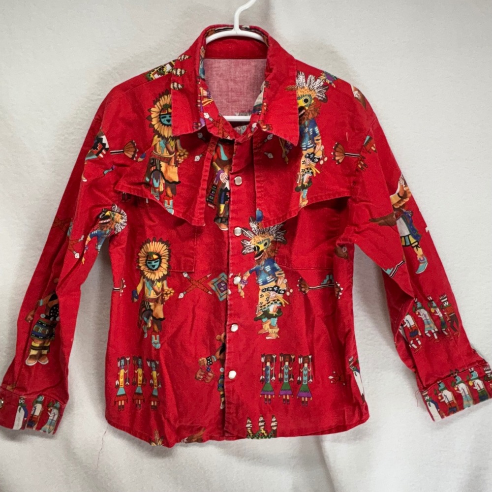 Kids Red Southwestern Native American Print Long Sleeve‎ Snap Button Shirt